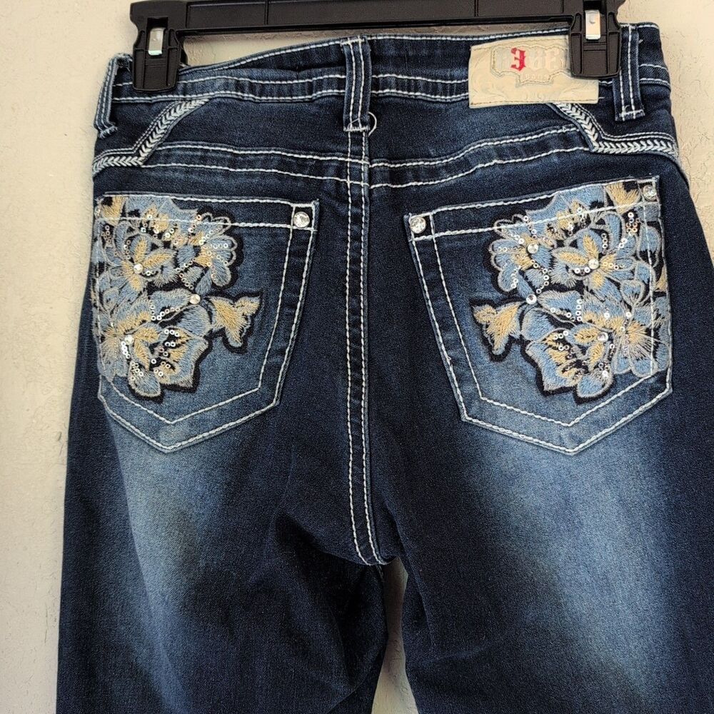 Rebel Jeans Women's 9/27 Distressed Jewel Flower Detail Wide Leg Mid Rise Dark - Picture 8 of 15
